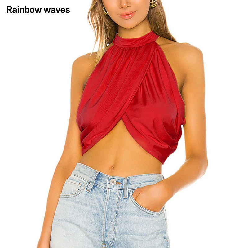 

Rainbowwaves Wholesale Women Vest Casual Loose Sexy Halter Wear Out Backless Crop Top