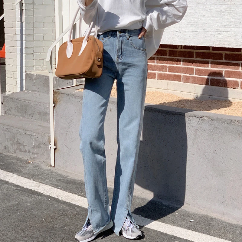 

Casual Loose Denim Blue Jeans Women High Waist Straight Leg Trousers Spring Female Fashion Split Denim Pants 2021