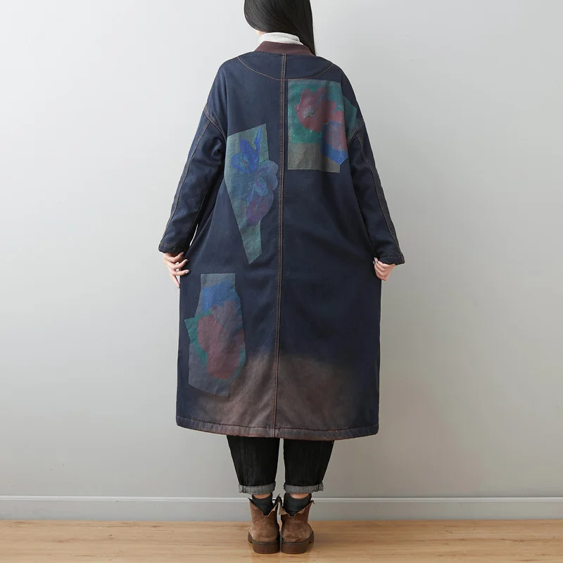 Warm Plush Thickened Cotton Coat Personalized Fleece Jacket For Women Cardigan Large Loose Size Female Retro Vintage Printing
