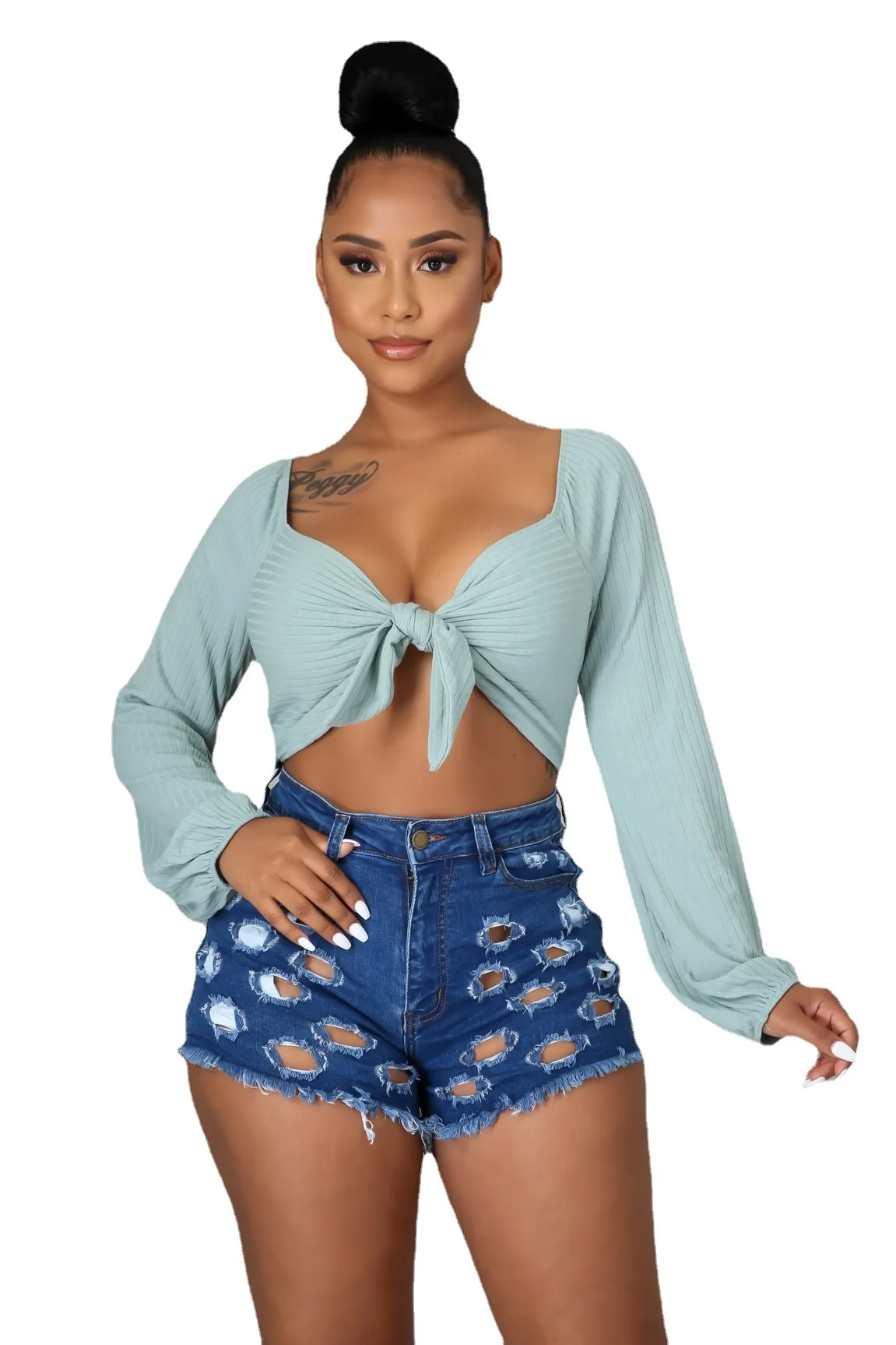

JRRY Sexy Women Jeans Button Pockets Zippers Holels Short Denim Pants Ripped Distressed High Street Jeans