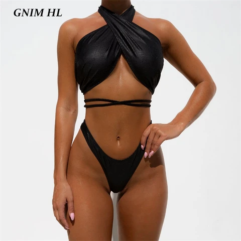 GNIM Bandage Brazilian Swimsuit Women Two Pieces PU Leather Bikini Mujer 2020 Sexy Thong Swimwear Black Backless Bathing Suit