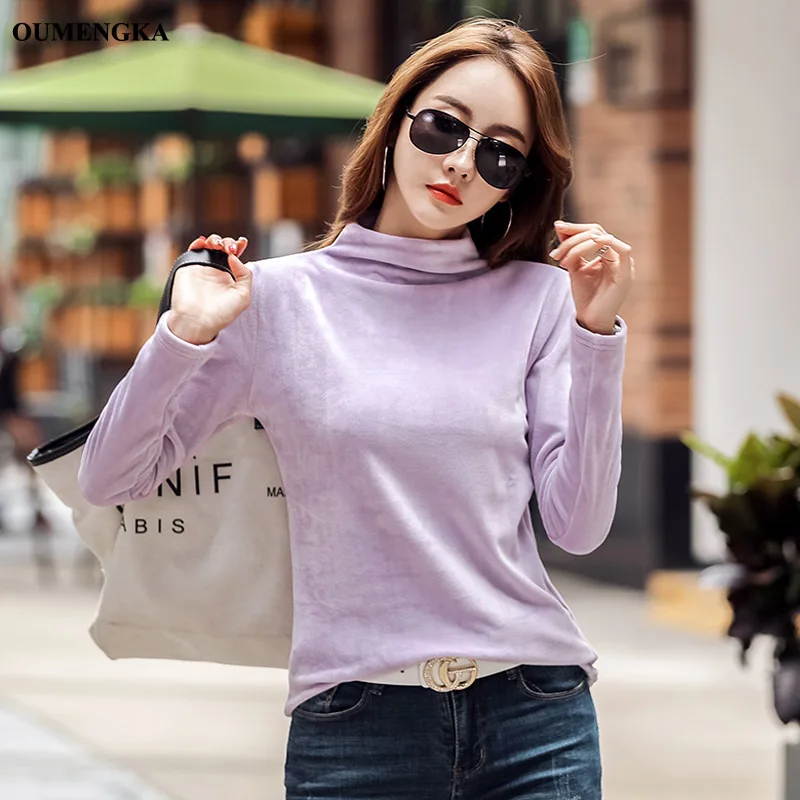 purple OUMENGKA повседневные однотонные женские черные фиолетовые бархатные футболки Женская осенне-зимняя толстая футболка плюс размер длинный рукав водолазка футболки - Цвет: purple