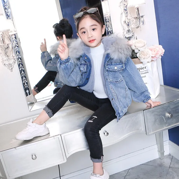 Куртки для девочек новая зимняя детская Вельветовая Корейская куртка джинсовая