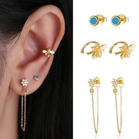 s925 sterling silver earrings gold chain stud earrings set crystal zircon piercing ear rings for women fine jewelry pendientes