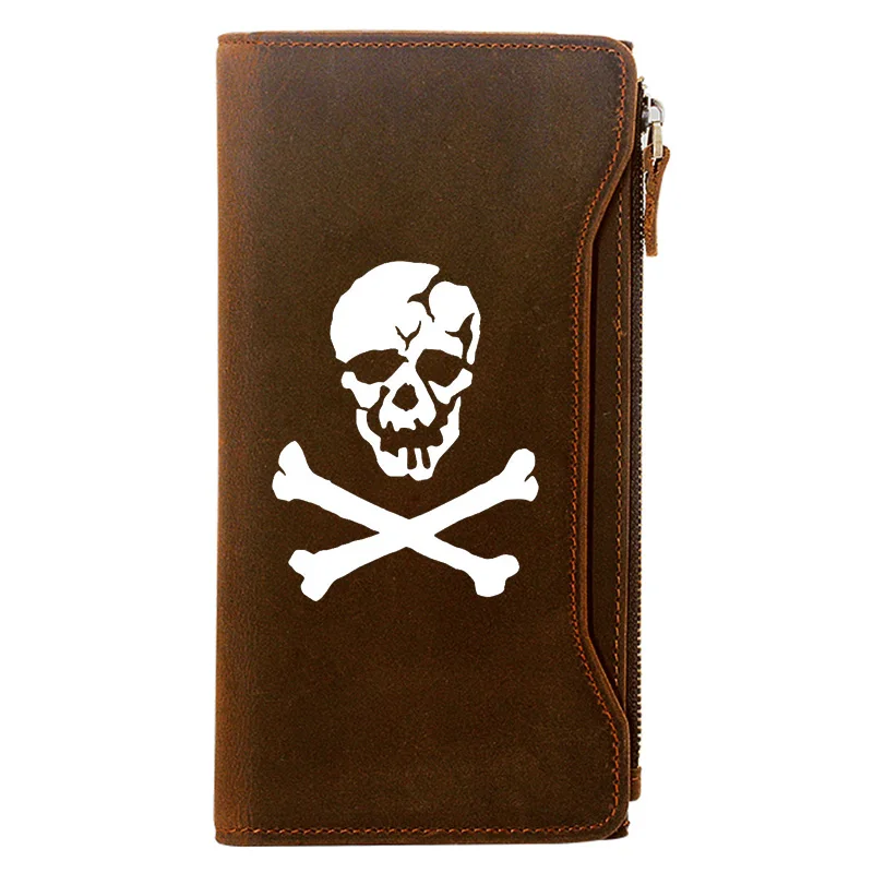 

Scary Skeleton Skull Credit Card Holder Package Genuine Leather Zipper Wallet Men Cool Long Clutch Purse Gift