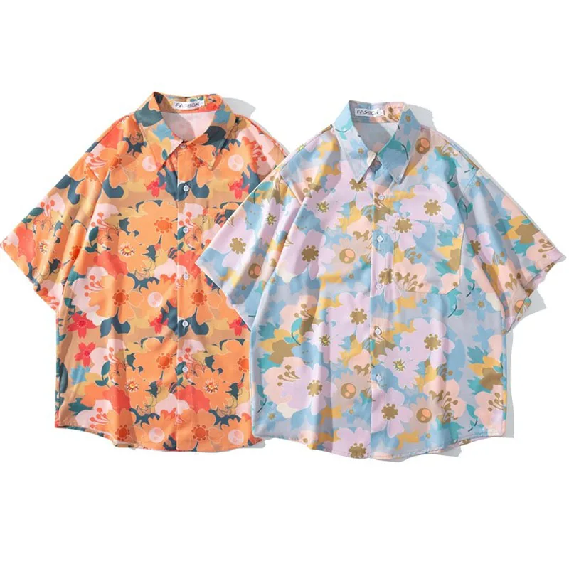 

Рубашка S67 мужская с короткими рукавами, тонкая Удобная блузка свободного покроя с карманами, с цветами, в Корейском стиле, голубая оранжева...