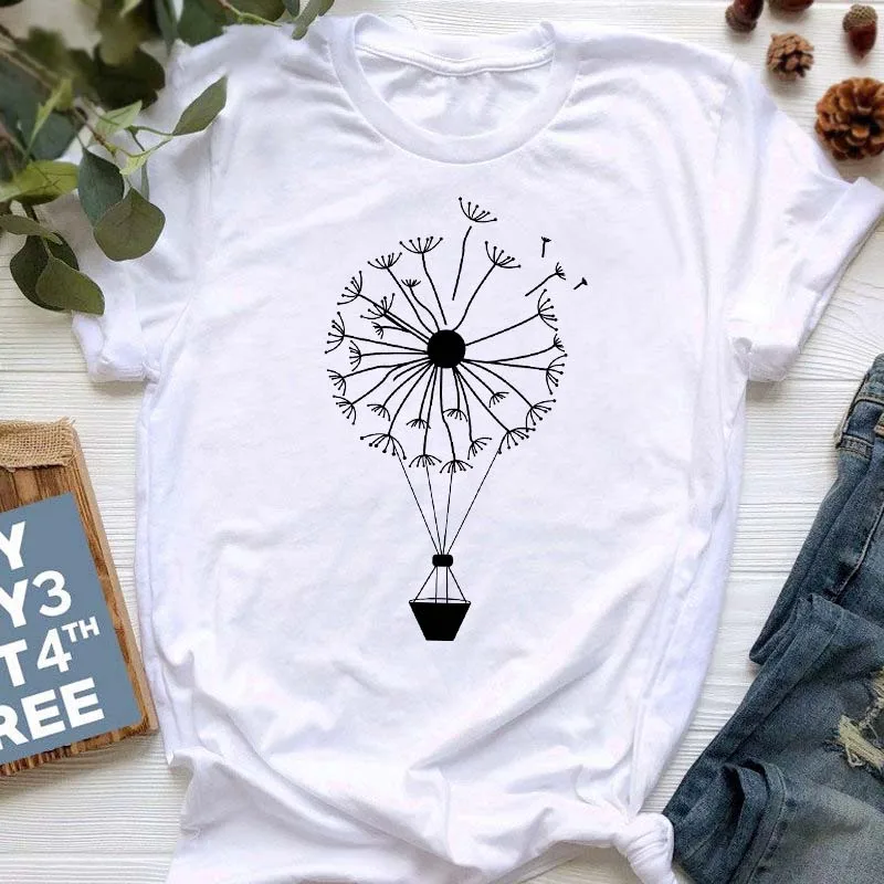 

T Shirt Women Loose Plus Size TShirt Fashion Dandelion Print T-Shirt Women Summer Short Sleeve Tees Streetwear Black Top