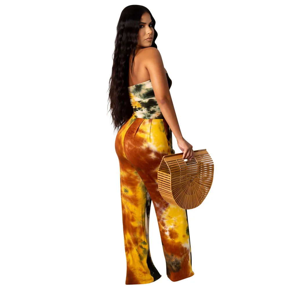 

Women Tie Dyeing Print Wide Leg Jumpsuits Sexy Off Shoulder Strapless Partywear Overall Streetwear Stretchy Backless Club Romper