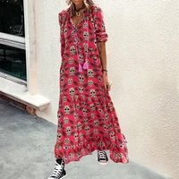 Printed Women s Long Dress Loose V-neck Long Sleeve Drawstring Female Dresses 2022 Autumn Fashion Casual Lady Clothes