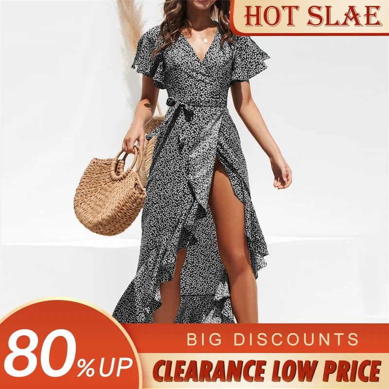 

Summer Beach Boho Dress Woman Sexy Ruffles Print Long Chiffon Female Maxi Dress V Neck Wrap Dot Casual Split Party Dress