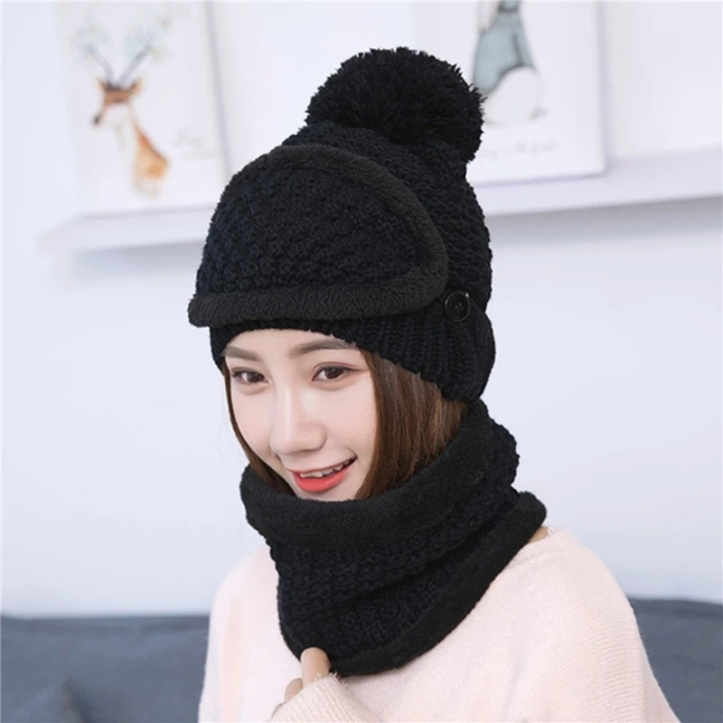

Brand New Beanies Hat Women Sets 3 Knit Skullies Hats With Bib Mask Female Winter Velvet Thick Warm Knitted Wool Cycling Caps