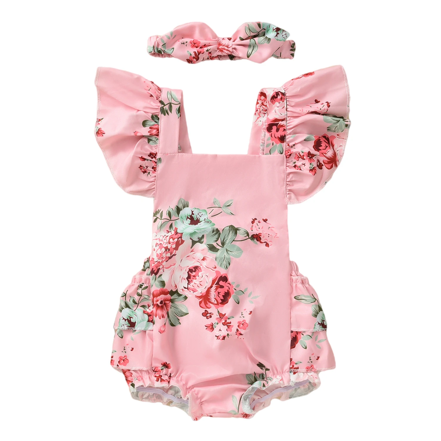 

OPPERIAYA 2Pc Newborn Flower Print Summer Outfit Baby Girl Tie-Up Ruffled Fly Sleeve Square Collar Bowknot Bodysuit Bow Headband