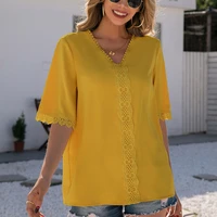 womens loose shirt lace stitching v neck short sleeved shirt tops female casual t shirt tops 2022 summer woman cloths