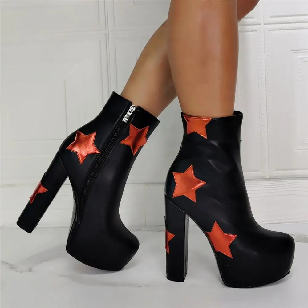 

Dipsloot New Woman Sliver Red Stars Round Toe Platform Ankle Boots Punk Style Black Plus Size Chunky Heels Zipper Lady Booties