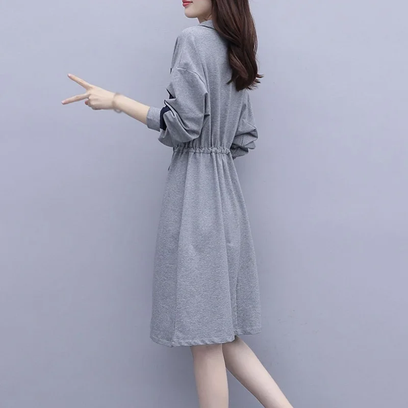 

Ladies Patchwork Turn Down Collar Dress Spring Autumn Retro Elegant Temperament Loose Waist Slim Thin Dress