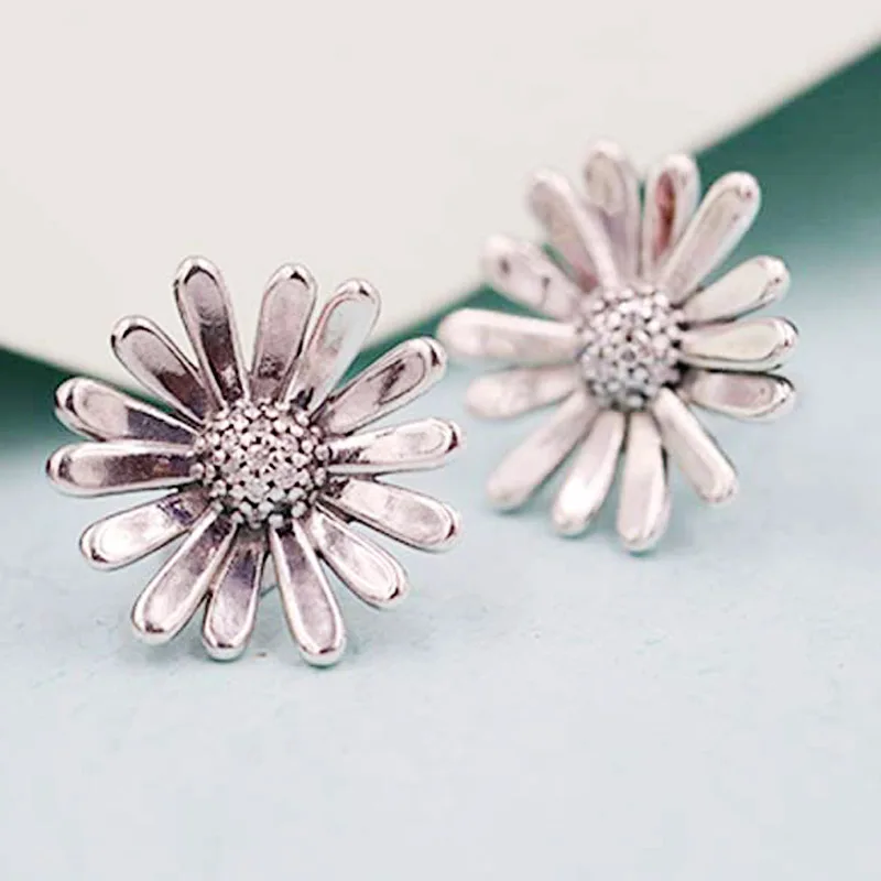 

Original 925 Sterling Silver Earring Pave Daisy Flower Statemen Stud Earring For Women Wedding Gift Fine Europe Jewelry