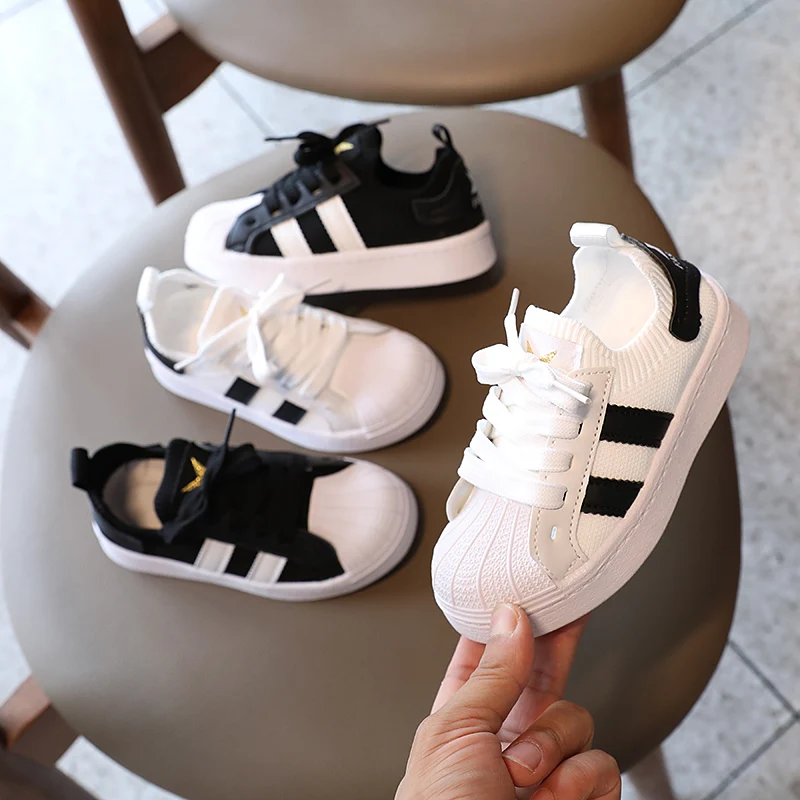 

2022 Black White Striped Kid Shoes Children Girls Fashion Character Baby Shoes Kids Student Flats Toddler Girl Sneakers DN102540