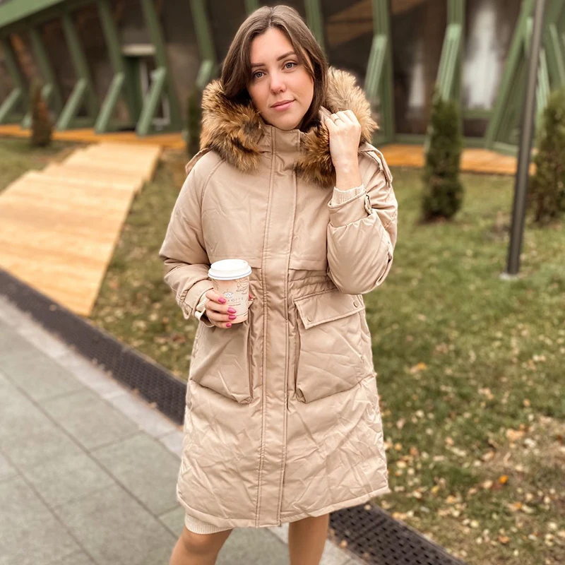 Fitaylor Winter Large Natural Real Fur Collar Hooded Feather Long Jacket Women Thickening Down Coat High Waist Fluffy Outwear | Женская