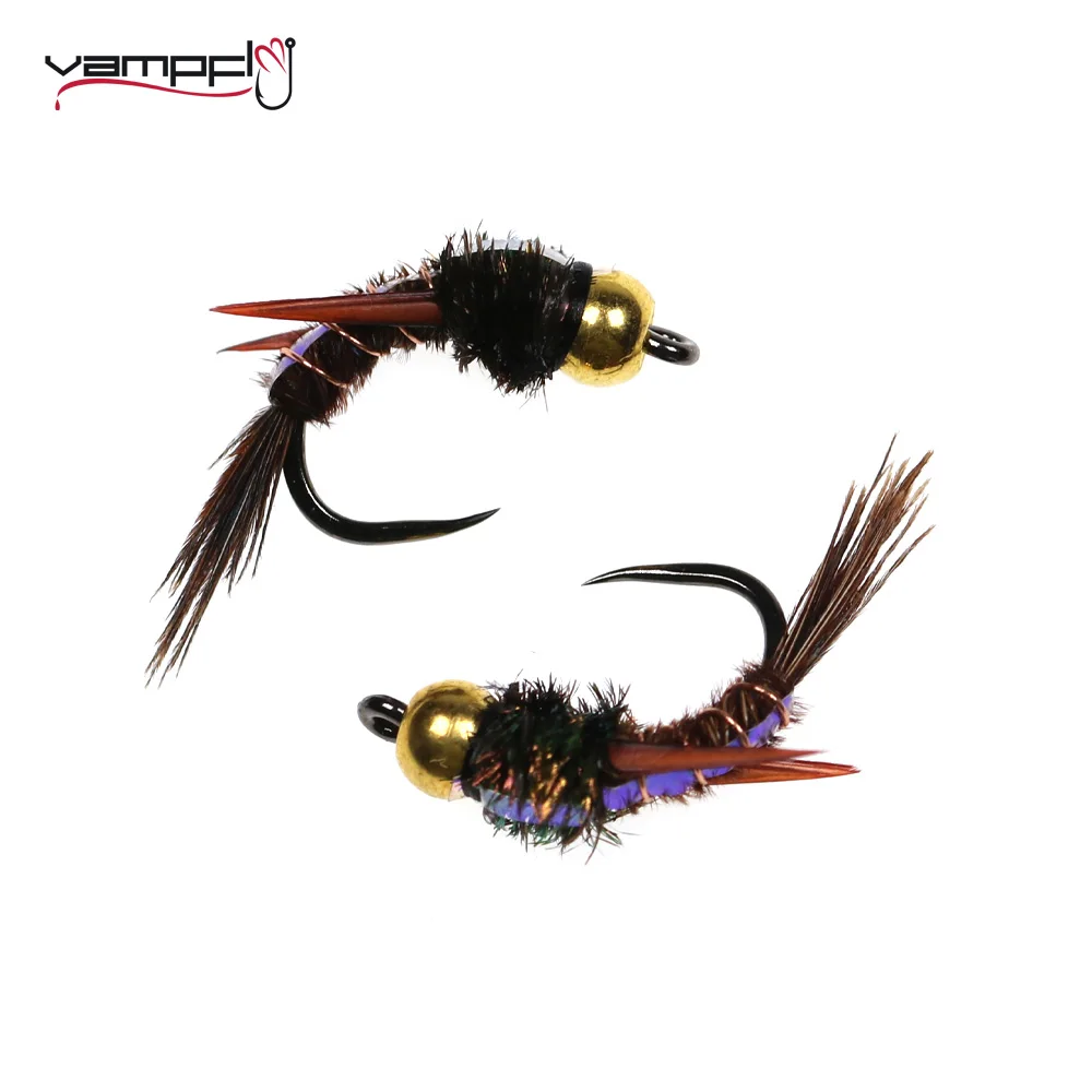 

Vampfly #12 6PCS Brass Bead Head Brown Caddis Nymphs Evil Weevil Wet Fly Barbless Czech Hook For Trout Grayling Fishing Lure