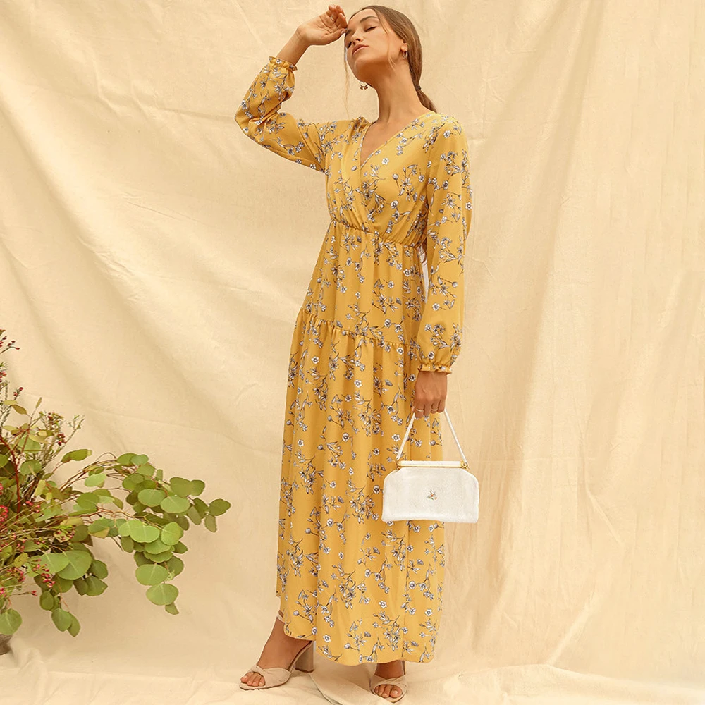 

FridayIn 2021 New Women's Clothes Autumn and Winter V-neck Long-sleeved Printed Skirt Long Floral Dress