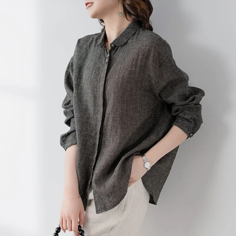 2021 Spring Autumn New Arts Style Women Long Sleeve Loose Turn-down Collar Shirts Cotton Linen Small Plaid Casual Blouses V71