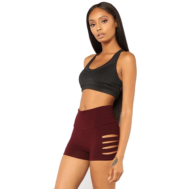 Женские шорты с вырезами черные спортивные дышащие высокой талией для спорта и