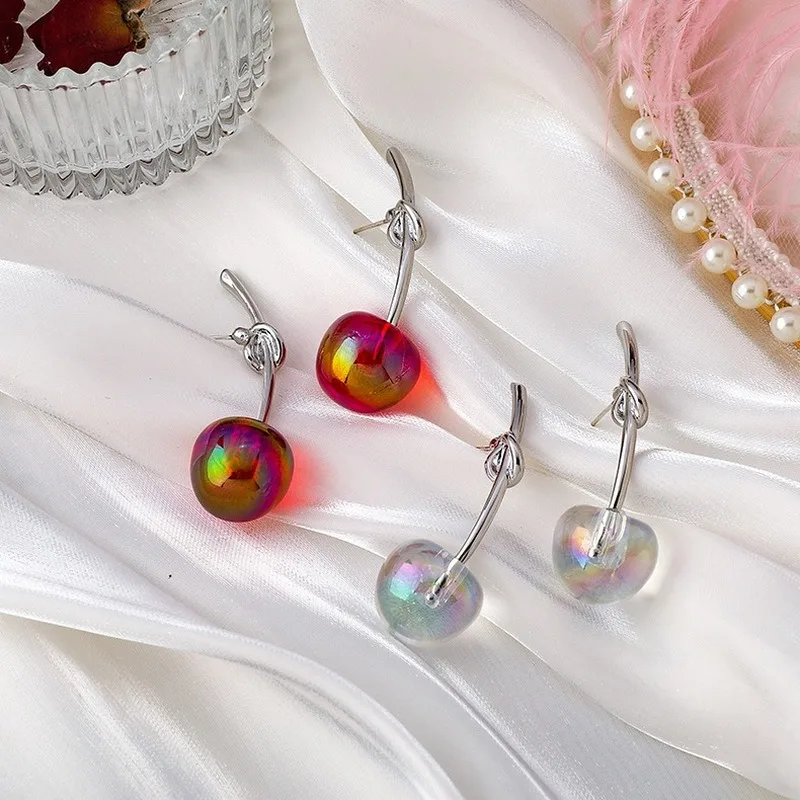 

VSnow Korean Fashion Rainbow Clear Resin Cherry Drop Earrings for Women Creative Tie Bow Fruit Long Earrings Cute Jewellery