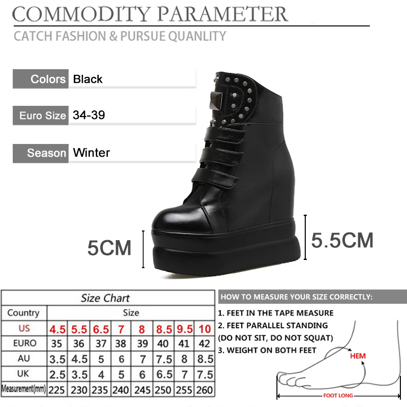 

BYQDY Wedge Heels Winter Boots Woman Gothic Punk Black Buckle Strap Zip Creeper Rivets Lady Shoes Mid Calf Military Combat Boot