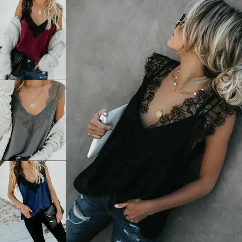 

Sexy Women Summer V Neck Vest Lace Patchwork Fashion Slim Top Sleeveless Solid Color Tank Tops T-Shirt Casual