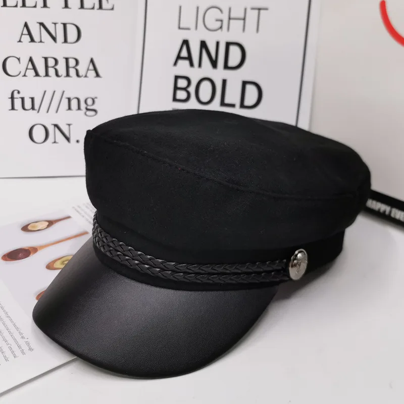 Black Woolen Британский стиль, военная шапка из искусственной кожи, осенне-зимняя шерстяная шляпа моряка для женщин, черная плоская Женская кепка для путешествий, Кепка Капитана - Цвет: Black Woolen
