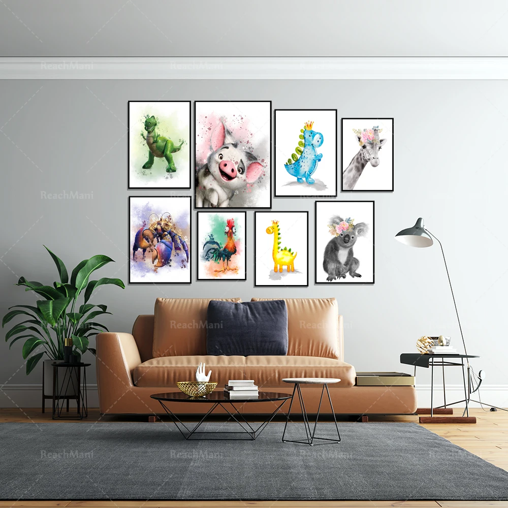 

Watercolor animal rooster giraffe dinosaur children poster animal wall art canvas baby room decoration picture kindergarten prin