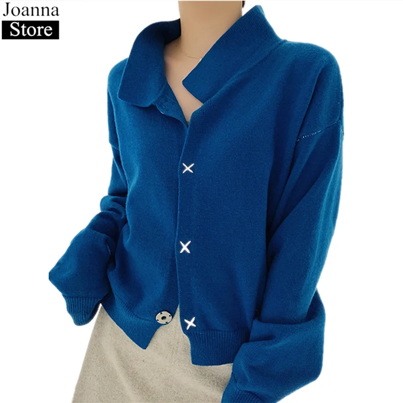 Женская короткая трикотажная куртка элегантный однобортный синий свитер с