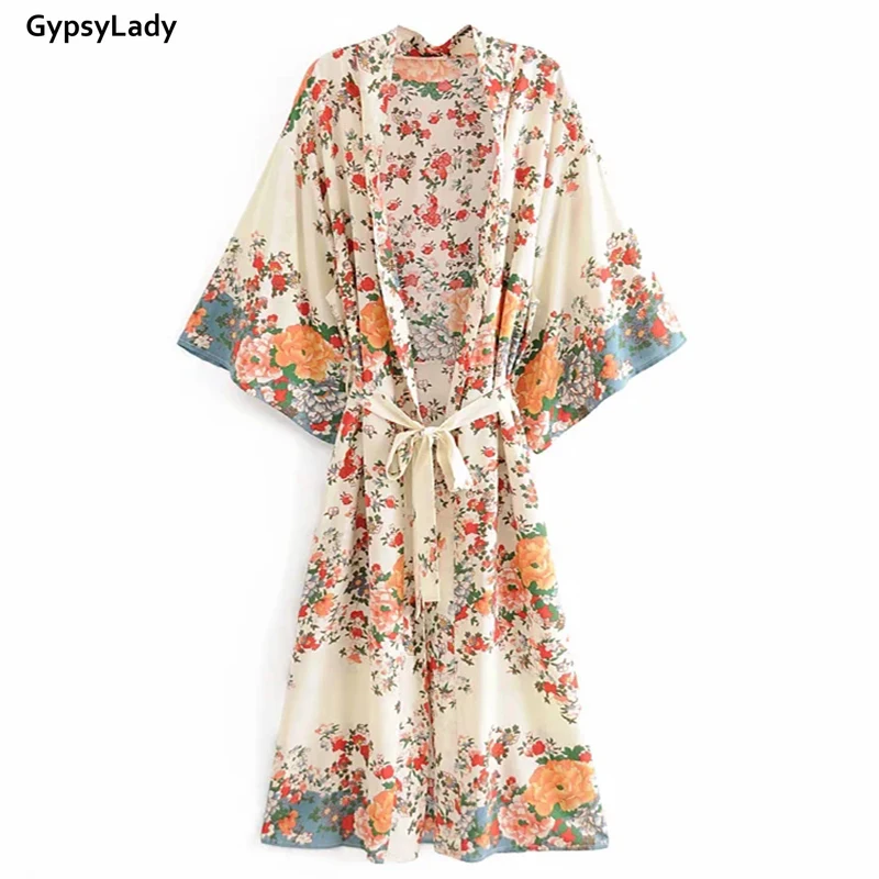 GypsyLady Винтаж кимоно Boho Блузы с цветочным принтом Для женщин длинный кардиган chic