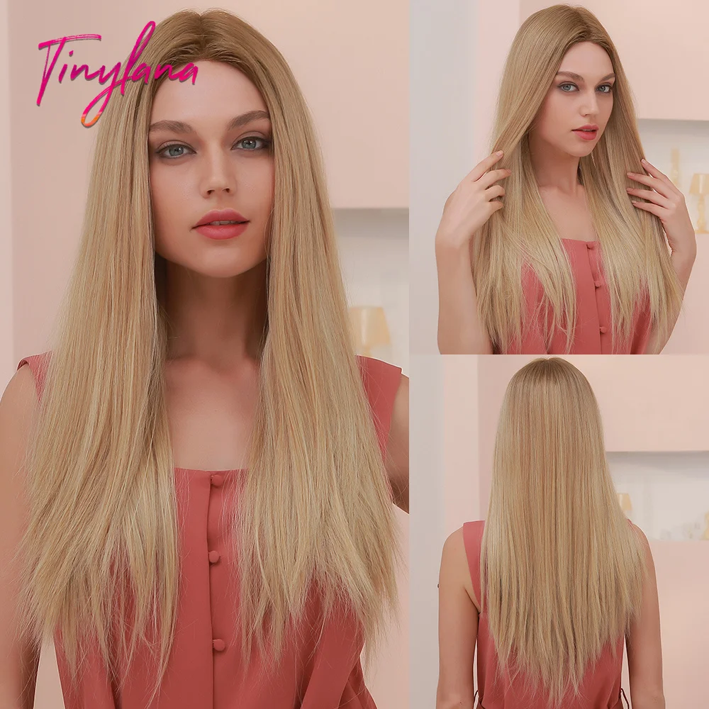 

TINY LANA Long Silky Straight Wigs Middle Part Brown Lace Front Synthetic Wig for Women Cosplay Party Daily Use Heat Resistant