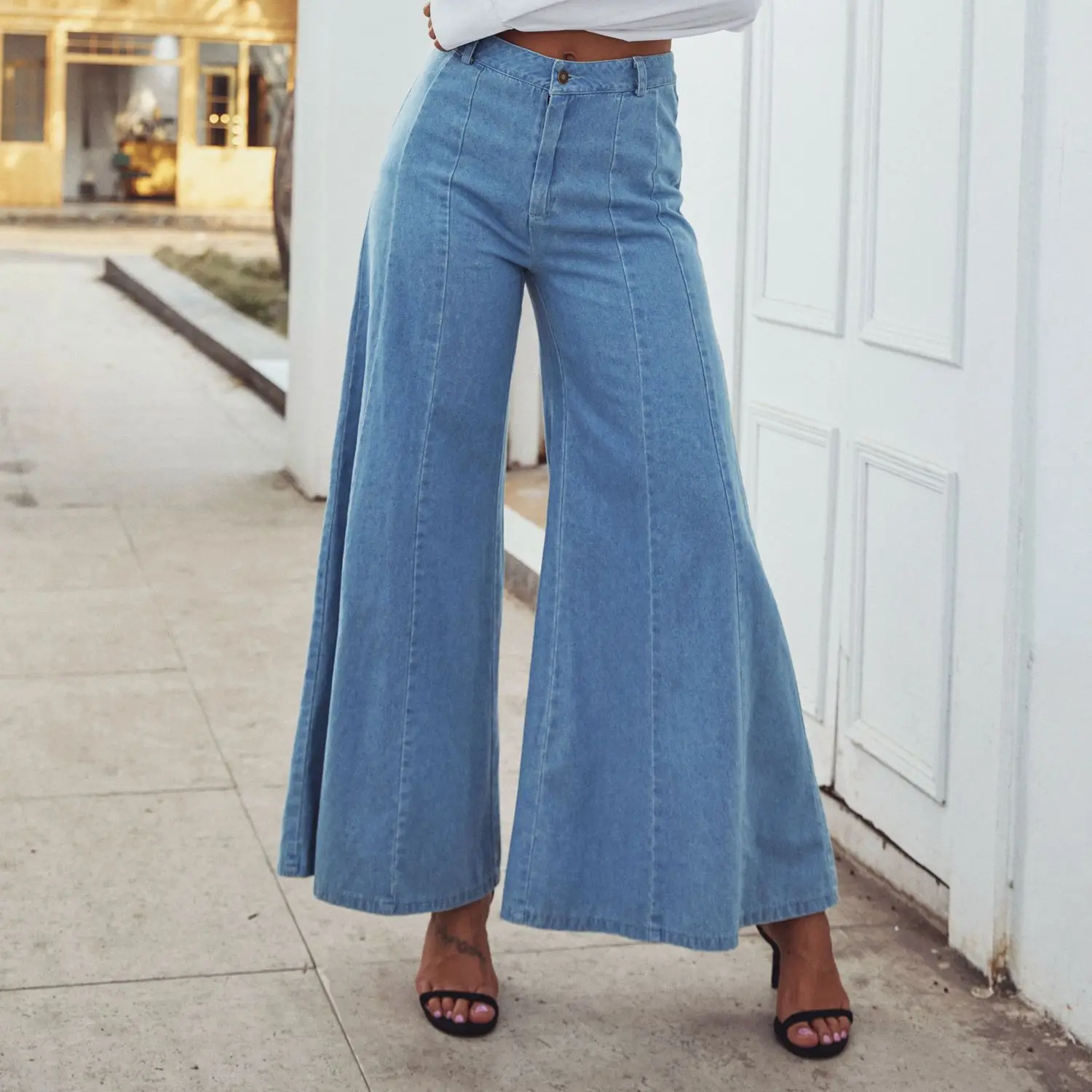 

2020 горячие новый дизайн высокая талия Промытые Синие широкие брюки джинсовые уличные Фото джинсы однотонные облегающие повседневные джинс...