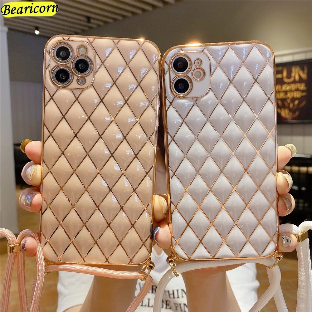 

Алмазный Блестящий Мягкий чехол для телефона с покрытием для iPhone 7, 8 Plus, XS, XR, MAX, 11 Pro, 12, мини-ожерелье, шнурок, ремешок, шнур, цепочка, чехол