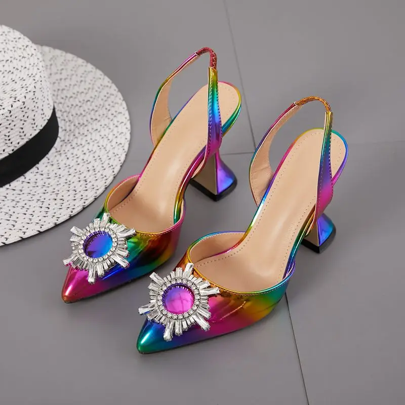 

11.5CM Colour PU Fashion Women Heeled Sandals Pointed Toe Rhinestone Sun Flower Spike Heels High Heel Ladies Shoes Rome Party