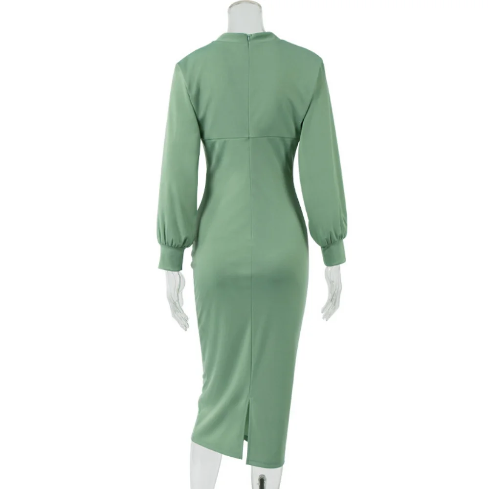 

Missnight Elegant Bodycon Dress Patchwork Midi Dresses For Women Party O Neck Lantern Sleeve Solid Green Ladies Vestidos