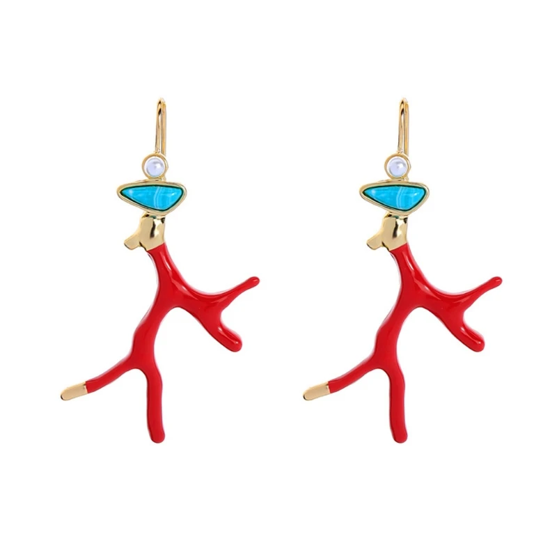 

Red Enamel Coral Antlers Acrylic Resin Drop Earrings Girl Fashion Jewelry