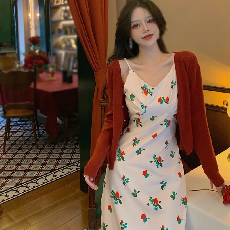 

Summer Lady's Sweet Sexy V-Neck Sleeveless Skirt Flower Print Slim Folds Design Sense Sling Dress White