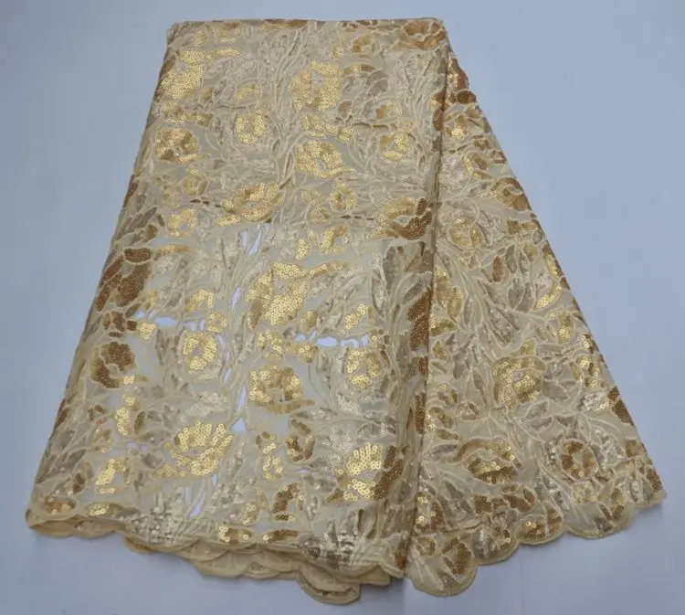 

African Organza With Sequins Lace Gold Color 5 Yards For Wedding AG9169