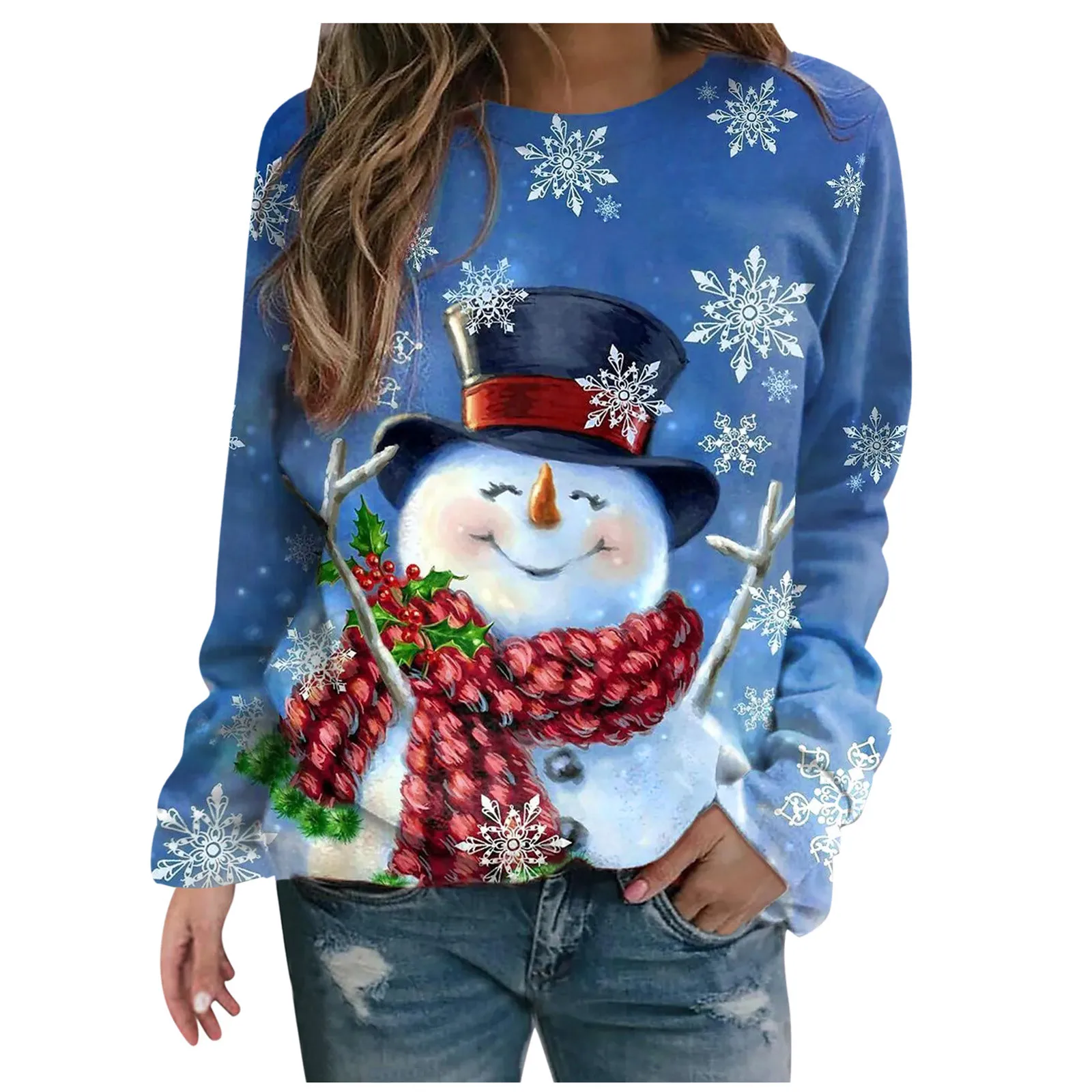 

Ladies Christmas Printed Sweatershirt Round Neck Gradient Printing Long Sleeve Print Stitching Round Neck Sweatershirt Moletom