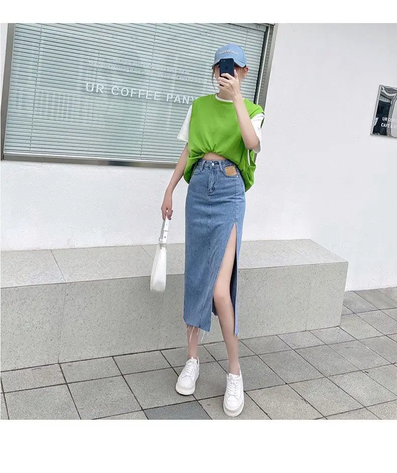 

Fashion high waist large size side slit denim skirt female summer 2021 new Korean version of the thin a-line denim skirt