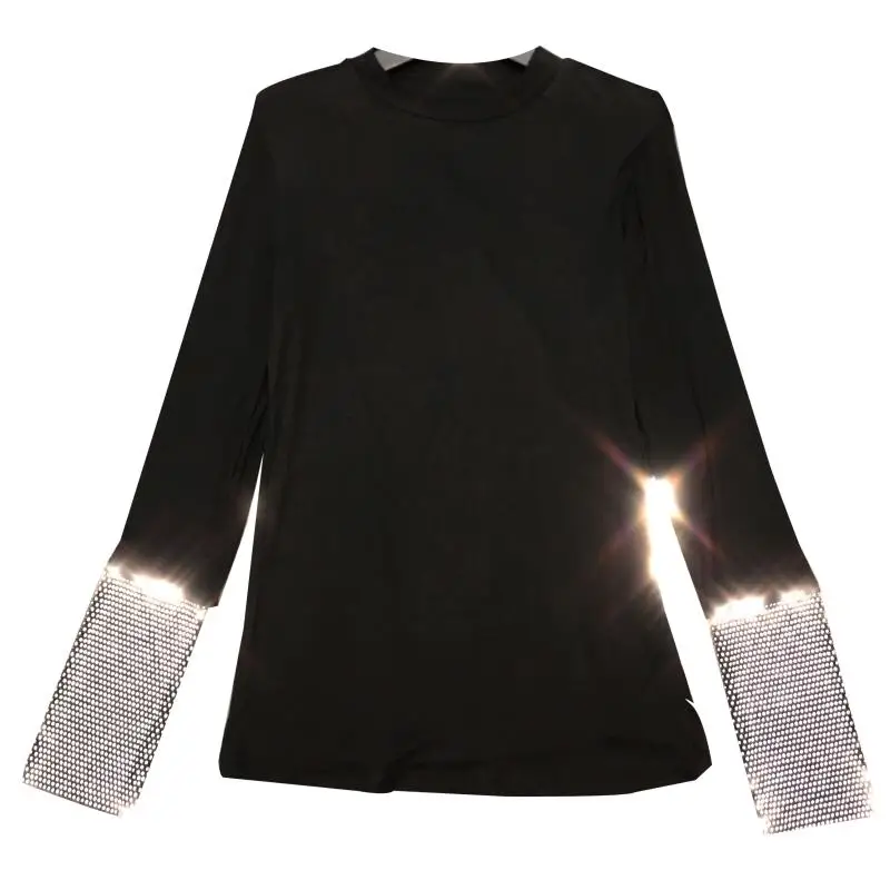 

New water diamond shiny splicing sleeve round neck elastic slim long sleeve bottoming shirt