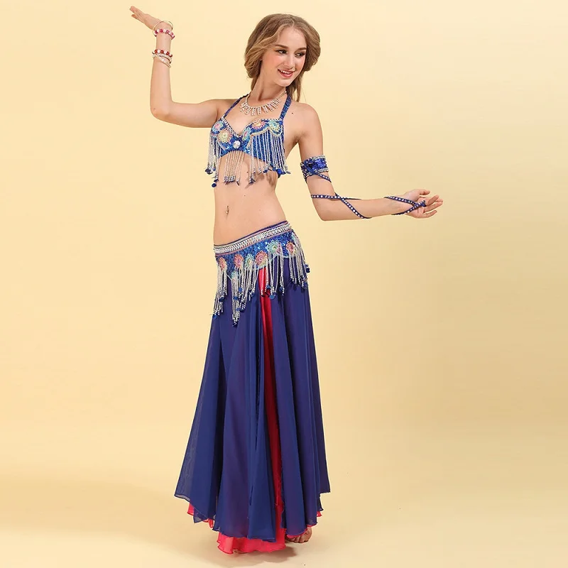 Женский костюм для танца живота синий с кисточками бюстгальтер + пояс юбка