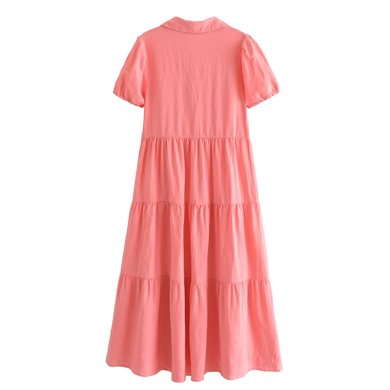 

HWLZLTZHT Women Summer Tiered Shirt Dresses Puff Short Sleeve Pleated Pink Office Lady Dress Chic Button Up Woman Long Dress