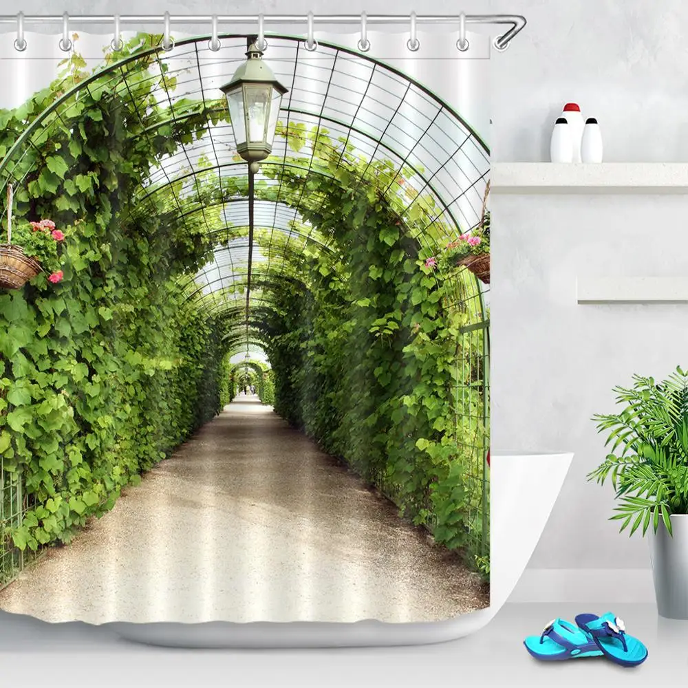 

Landscape Brick Wall Green Plant Shower Curtains Fabric Natural Scenery Bathroom Curtain Garden Polyester Bath Screen Home Decor