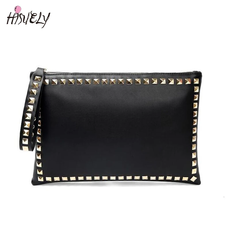 hisuely hot sale fashion women clutch handbag pu leather clutch bag rivets brand design retro lady envelop bag bolsa feminina sa free global shipping