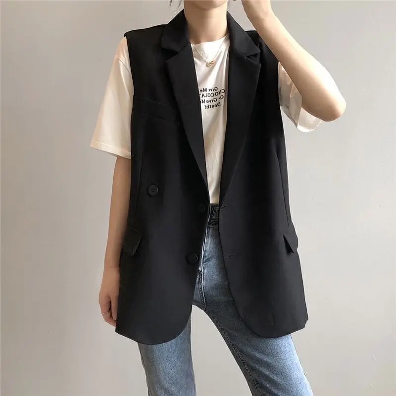 

2021 Summer Spring New Women High Quality Elegant Solid Sleeveless Suit Vest Office Lady Casual Loose Short Blazer Coat Y665