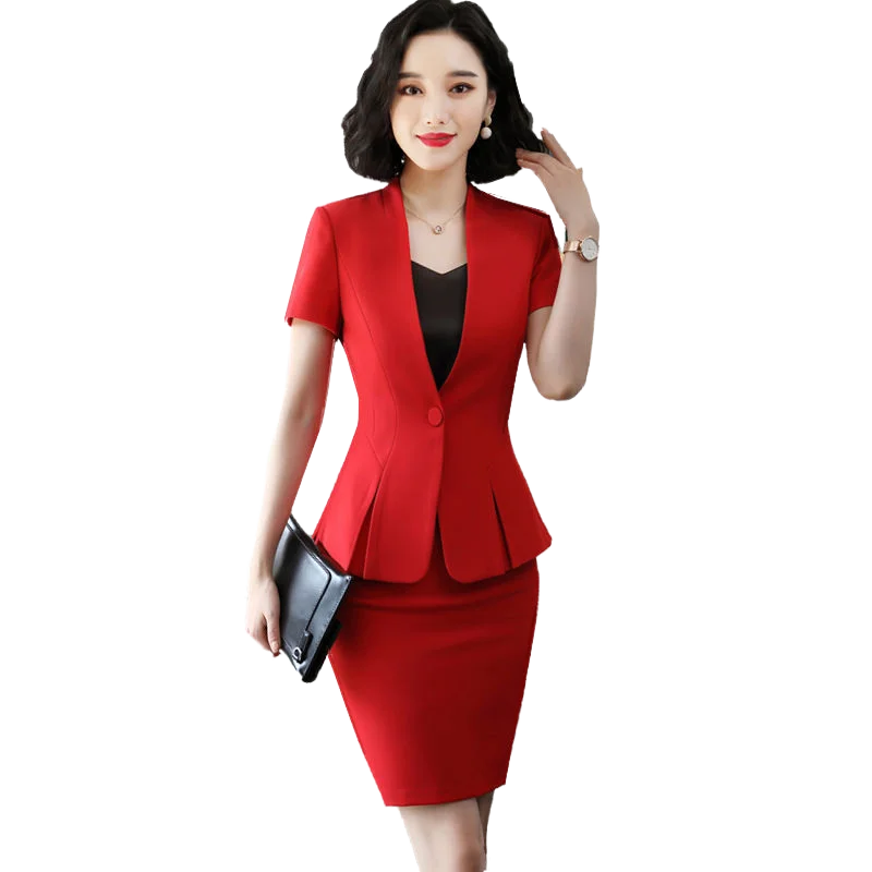 Женский костюм с юбкой элегантный красный офисный из двух предметов блейзер
